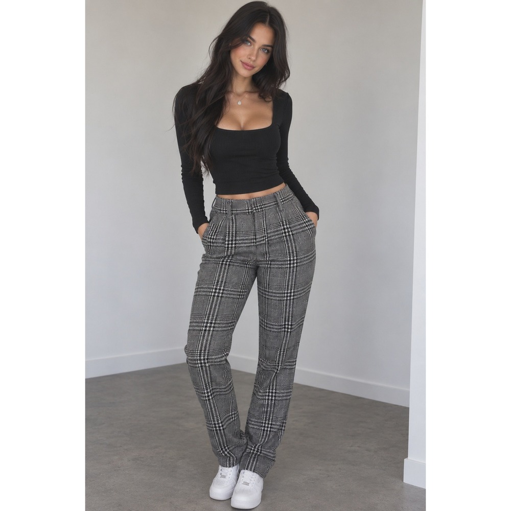 Forever 21 Womens Plaid High Waisted Pleated Trousers Black White Size 24